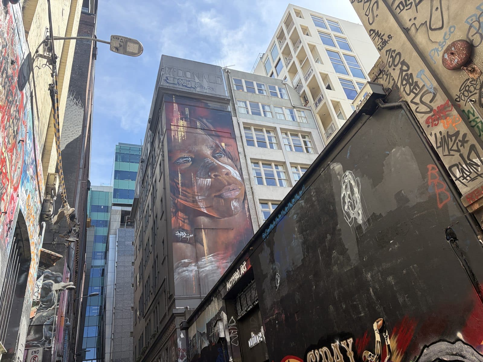 Looking up from a Melbourne laneway at a multi-storey portrait mural on a building wall with office towers and blue sky behind it