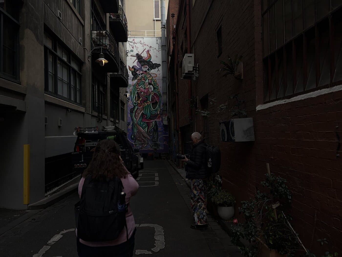 A student photographing a tall street-art mural in a Melbourne CBD laneway on a Fujifilm GFX 50S during a photography course