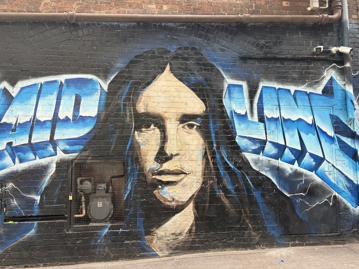 Blue and black spray-painted portrait mural on a brick wall in Melbourne photographed during a manual mode photography course