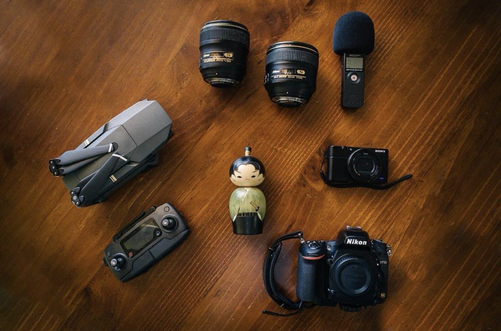 A flat-lay of camera gear on a wooden table, for the best camera for beginners guide